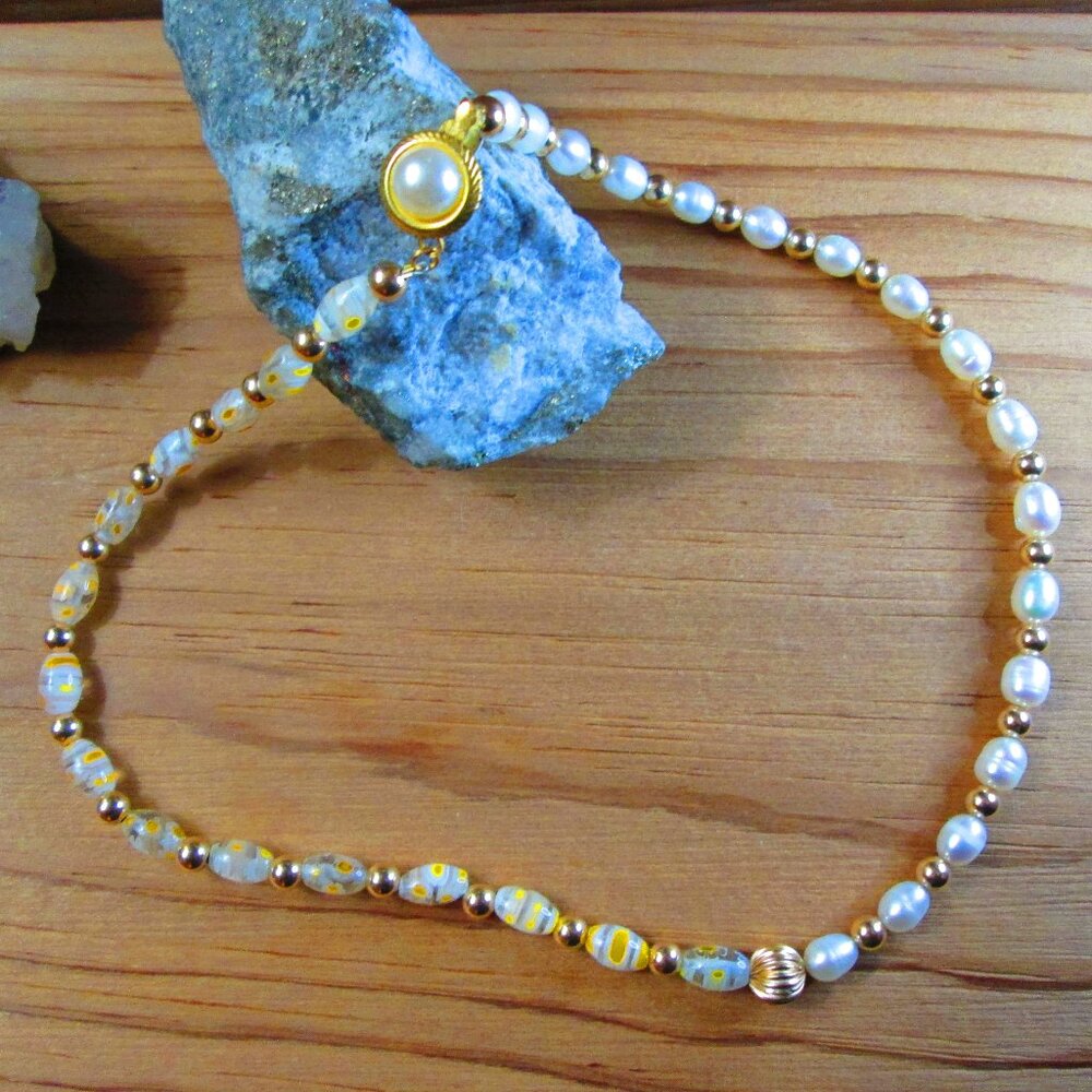 Freshwater Pearl and Millefiori Half and Half Necklace